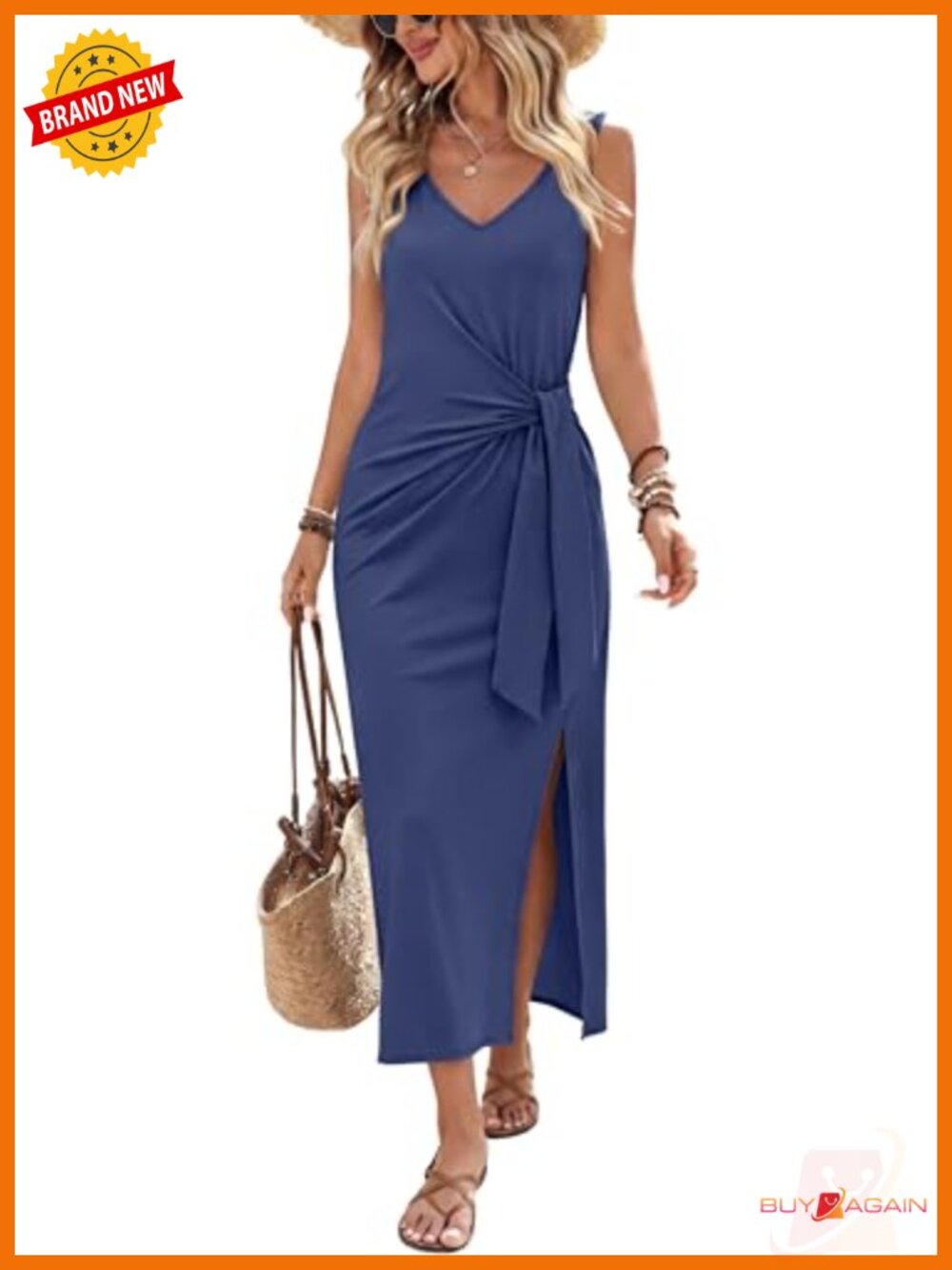 OFEEFAN Women's Summer V Neck Sleeveless Wrap Midi Dress Tie Waist